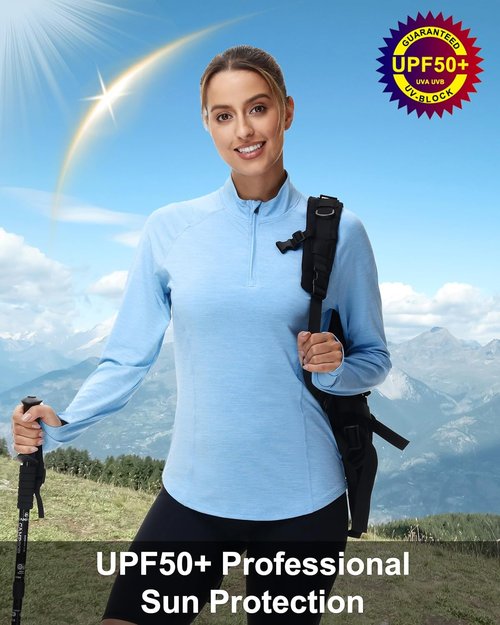 Isnowood Women's Rash Guard - 1/4 Zip Long Sleeve Shirt with UPF 50+ Sun Protection | Quick Dry Athletic Top