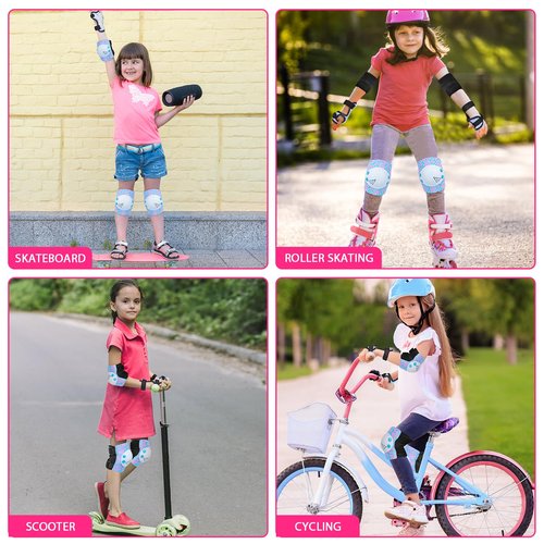 Ausletie Knee Pads for Kids Girls Protective Gear Set Adjustable Knee Pads and Elbow Pads Set with Wrist Guard for Girls Kids Toddler Roller Skates Bike Cycling Skateboard Scooter (Blue&White Mermaid)