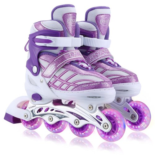 Kids Inline Skates for Girls Boys Beginners Adjustable, All 8 Wheels Illuminating. (Purple, Small (12J-2))