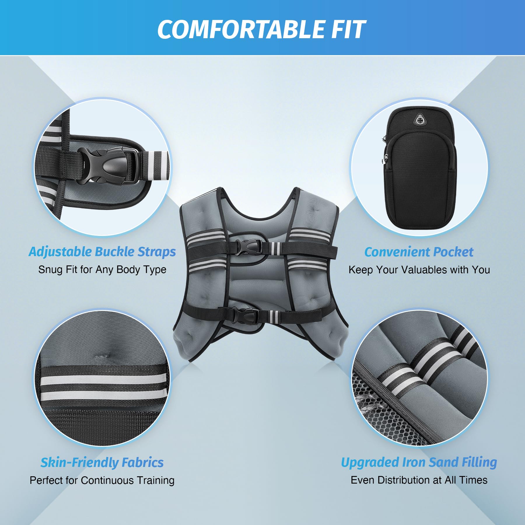 ZELUS Weighted Vest, 6lb/8lb/12lb/16lb/20lb/25lb/30lb Weight Vest with Reflective Stripe for Workout, Strength Training, Running, Fitness, Muscle Building, Weight Loss, Weightlifting, Grey(16 lb)