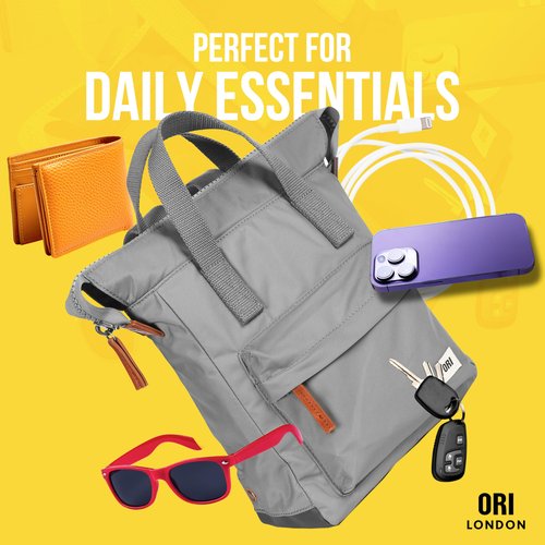 ORI LONDON Medium Tote Bag Backpack - Nylon Tote Backpack for Women & Men with Wide Mouth, Chunky Zippers, Multiple Pockets, Adjustable Straps - The Bantry, Stormy Backpack, 15.75x 11.81x 4.72