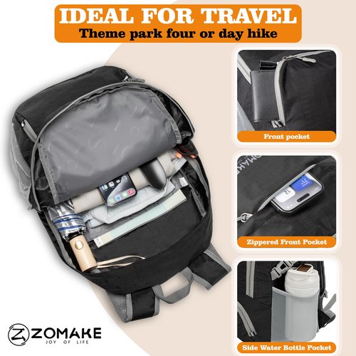 ZOMAKE Lightweight Packable Backpack 30L, Foldable Hiking Backpacks Water Resistant Compact Folding Daypack for Travel(Pure Black)