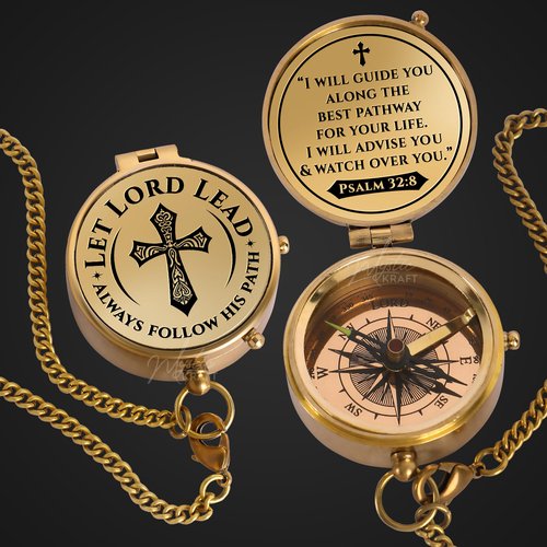 MYSTICKRAFT Engraved Brass Pocket Compass Gift - Psalm 32:8, First Communion Gifts, Baptism Gifts for Boys, Confirmation Gifts, Gifts for Men, Catholic Religious Christian Easter Gifts for Kids