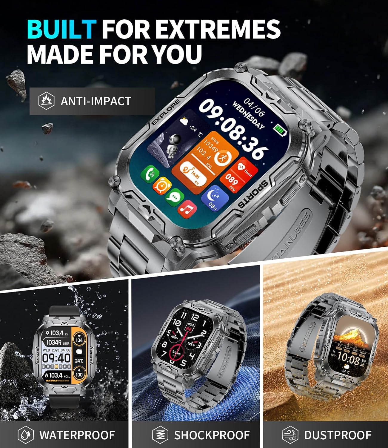 TX12 Smart Watch for Men - 1000 mAh Battery | HD Fitness Tracker with 100+ Sports Modes, Black