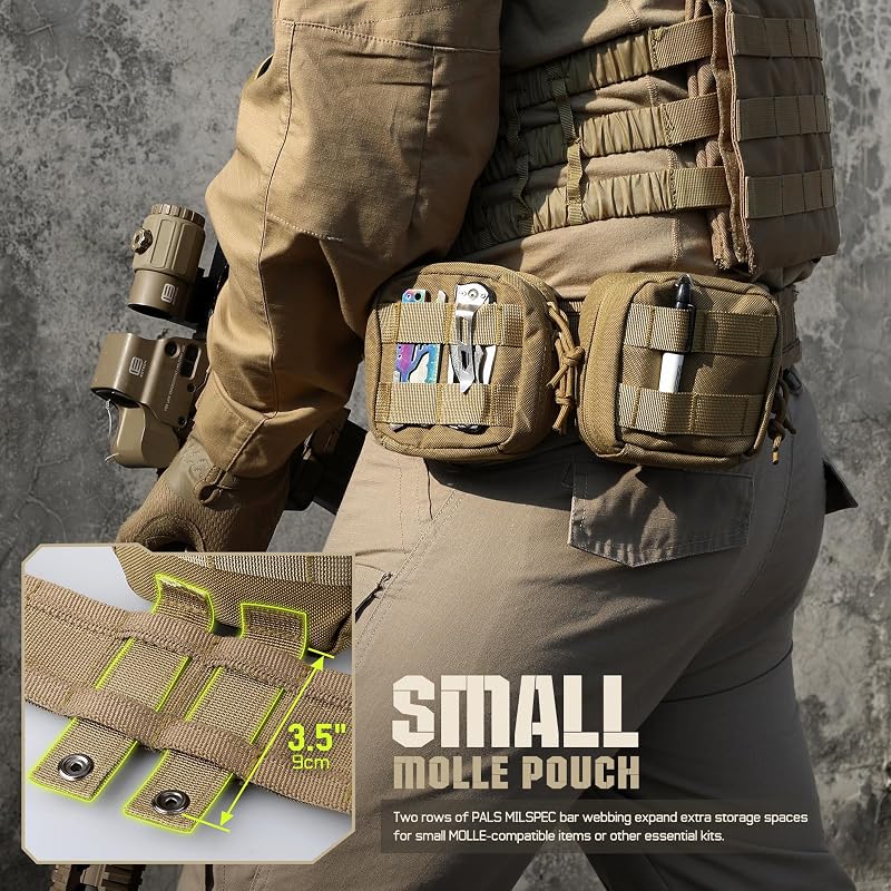2 Pack Small Molle Pouch Mini Tactical EDC Belt Pouches - Khaki
