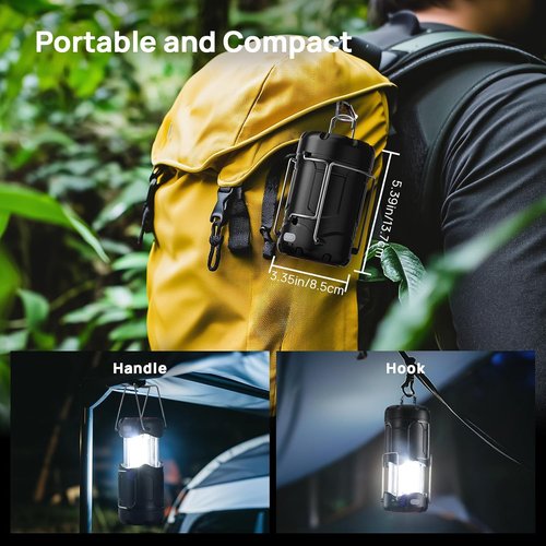 Consciot LED Camping Lantern - 2 Pack USB-C Rechargeable & Battery Powered | Emergency Light with Magnetic Base, Black