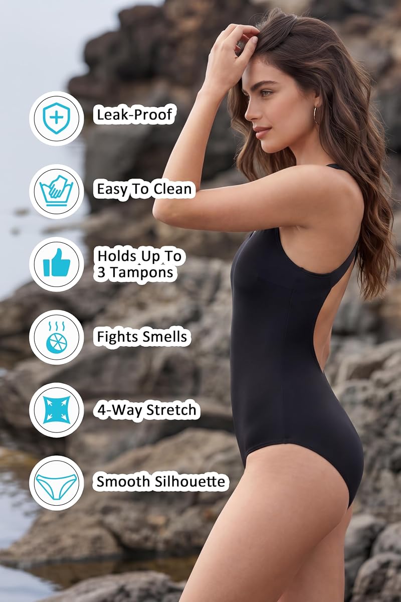 Period One-Ppiece Swimwear: Crisscross Open Back with Removable Padding - Black, Medium