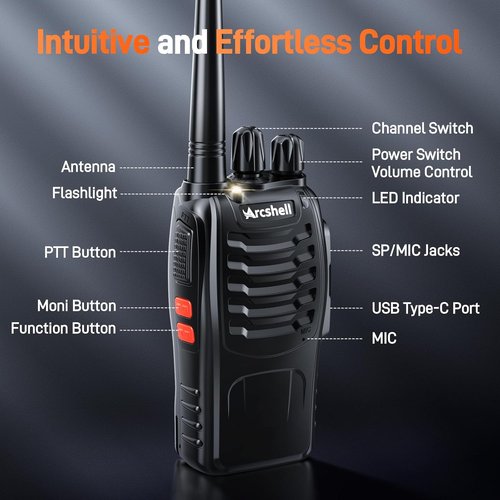 Arcshell AR-5 Rechargeable Two-Way Radios - Long Range Walkie Talkies with Earpiece | 2 Pack, Li-ion Battery & Charger Included