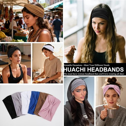 Huachi Headbands for Women - Non-Slip Thick Workout Headbands | Soft Large Knotted Turban Hair Wraps (Pack of 6)
