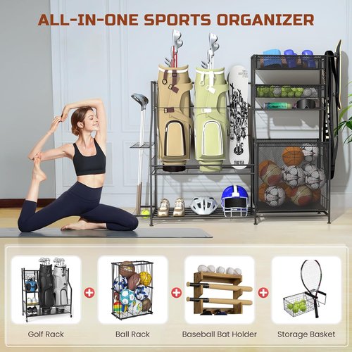 Garage Sports Equipment Organizer - Heavy-Duty Golf Bag Storage Stand with Basket & Hooks | Space-Saving Design