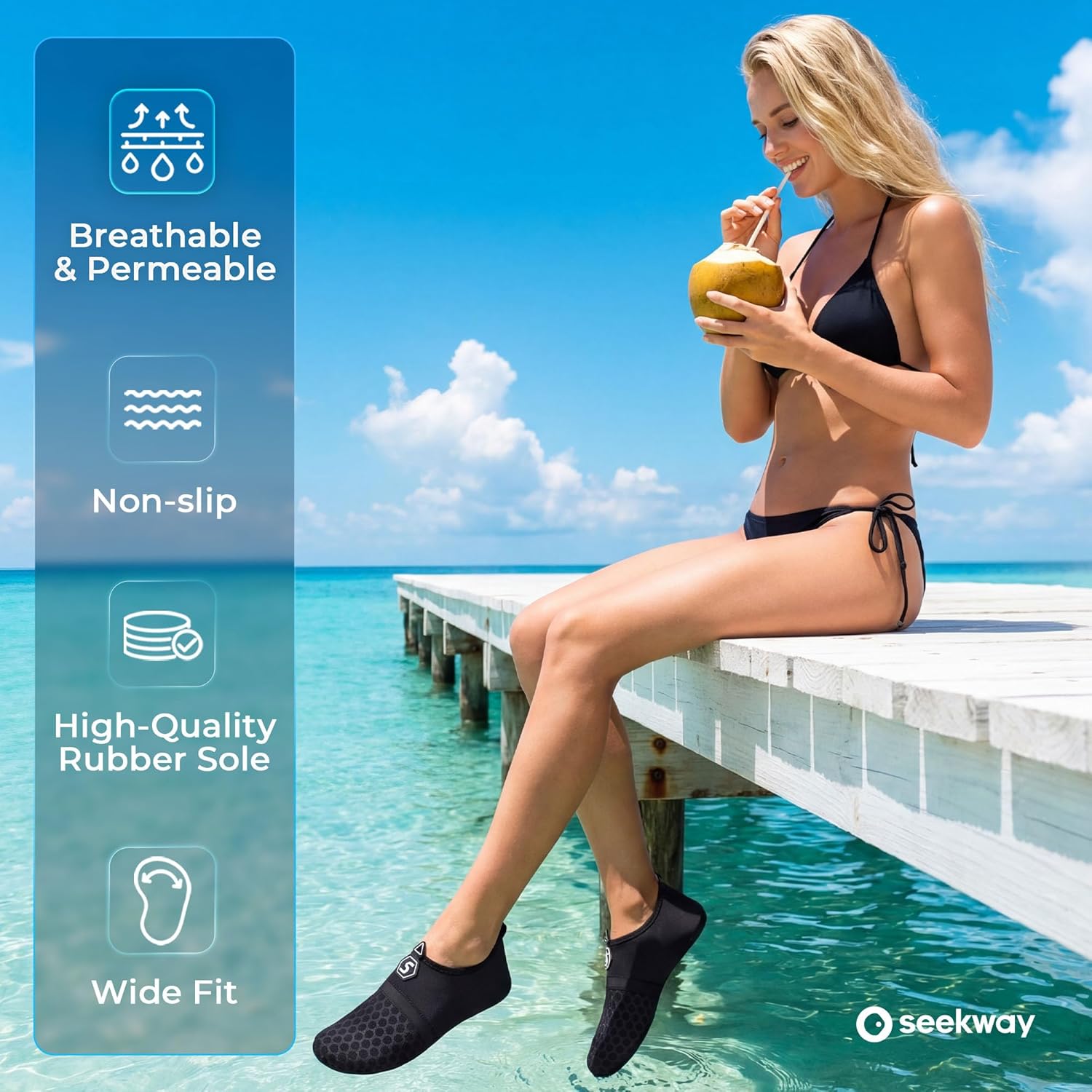 SEEKWAY Water Shoes - Quick-Dry Aqua Socks for Beach, Pool, and River | Unisex Black SK001