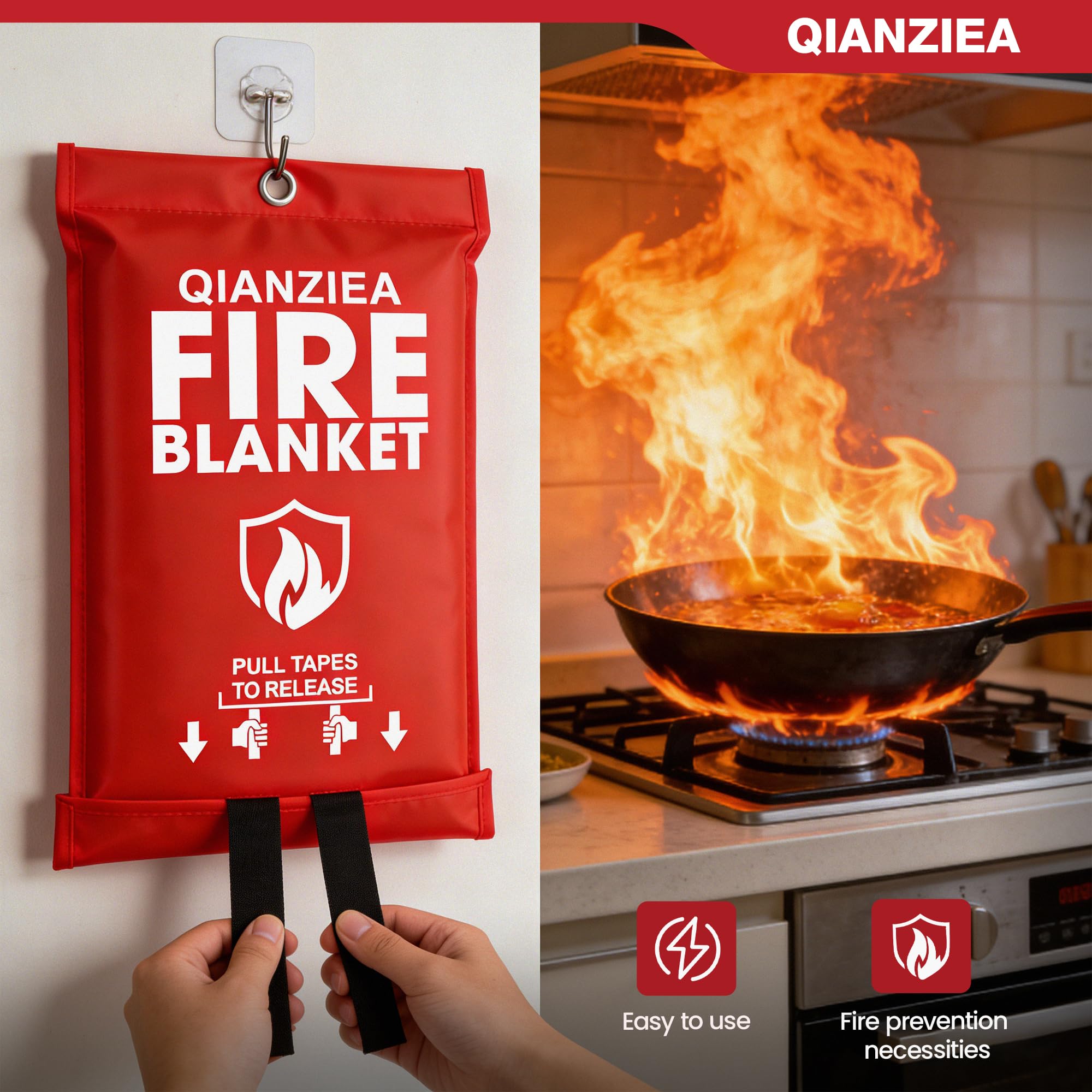 QIANZIEA 4 Pack Fire Blanket 40” x 40” – Emergency Fire Blanket for Kitchen & Home, Fiberglass Fire Suppression Blanket