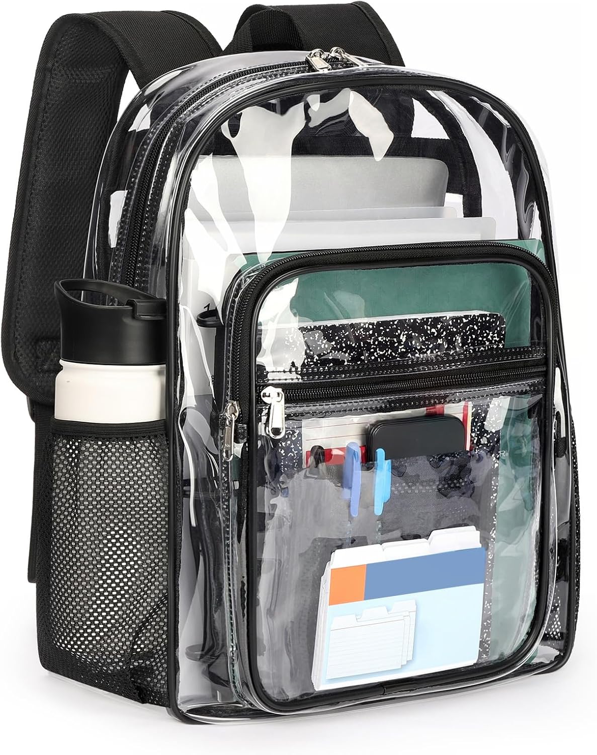 ZORFIN Clear Backpack - Heavy Duty 17in Transparent PVC Bag with Large Capacity & Reinforced Straps | Black