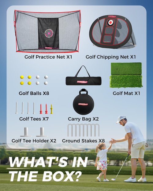10x7ft Heavy Duty Golf Practice Net with Mat, Target Cloth, 8 Tees, 6 Balls, Carry Bag, Golf Training Net for Backyard Driving Chipping Indoor Outdoor