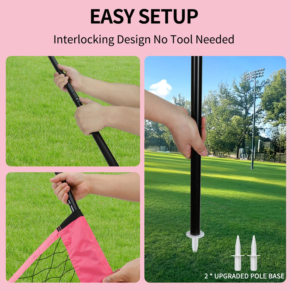 20FT Outdoor Volleyball Net Set System for Backyard Beach with Anti-Sagging Net, Iron Adjustable Height Poles, Soft PU Volleyball and Pump, Carry Bag - Instant Set Up & Durable (Pink)