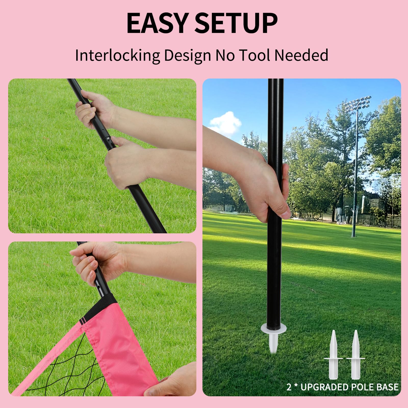 20FT Outdoor Volleyball Net Set System for Backyard Beach with Anti-Sagging Net, Iron Adjustable Height Poles, Soft PU Volleyball and Pump, Carry Bag - Instant Set Up & Durable (Pink)