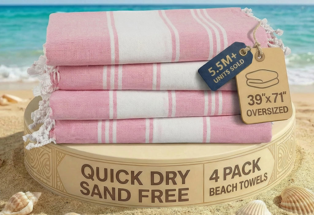 LANE LINEN Turkish Beach Towel Set of 4 - Beach Towels, Pre-Washed Pool Towel, Extra Large Beach Towel, Quick Dry & Sand Free, Absorbent Travel Towel, 39"x71" - Candy Pink