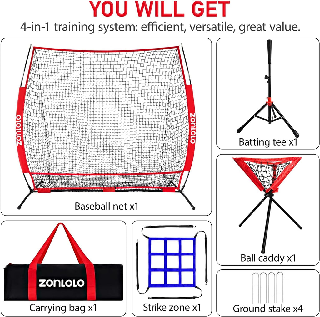 Skiennix 6x6ft Portable Baseball & Softball Net - Sturdy Bow Frame with Batting Tee & Ball Caddy