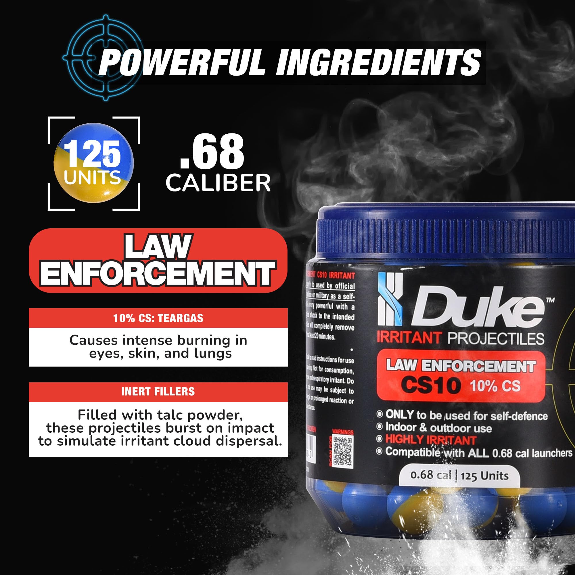 Duke 68 Cal Frangible Irritant Projectiles (10% CS), 125 Count - LE CS10 Irritant Projectiles, Non Lethal Tear Gas Round for Situational Defense Weapons, Professional-Grade, Weight: 3.3g