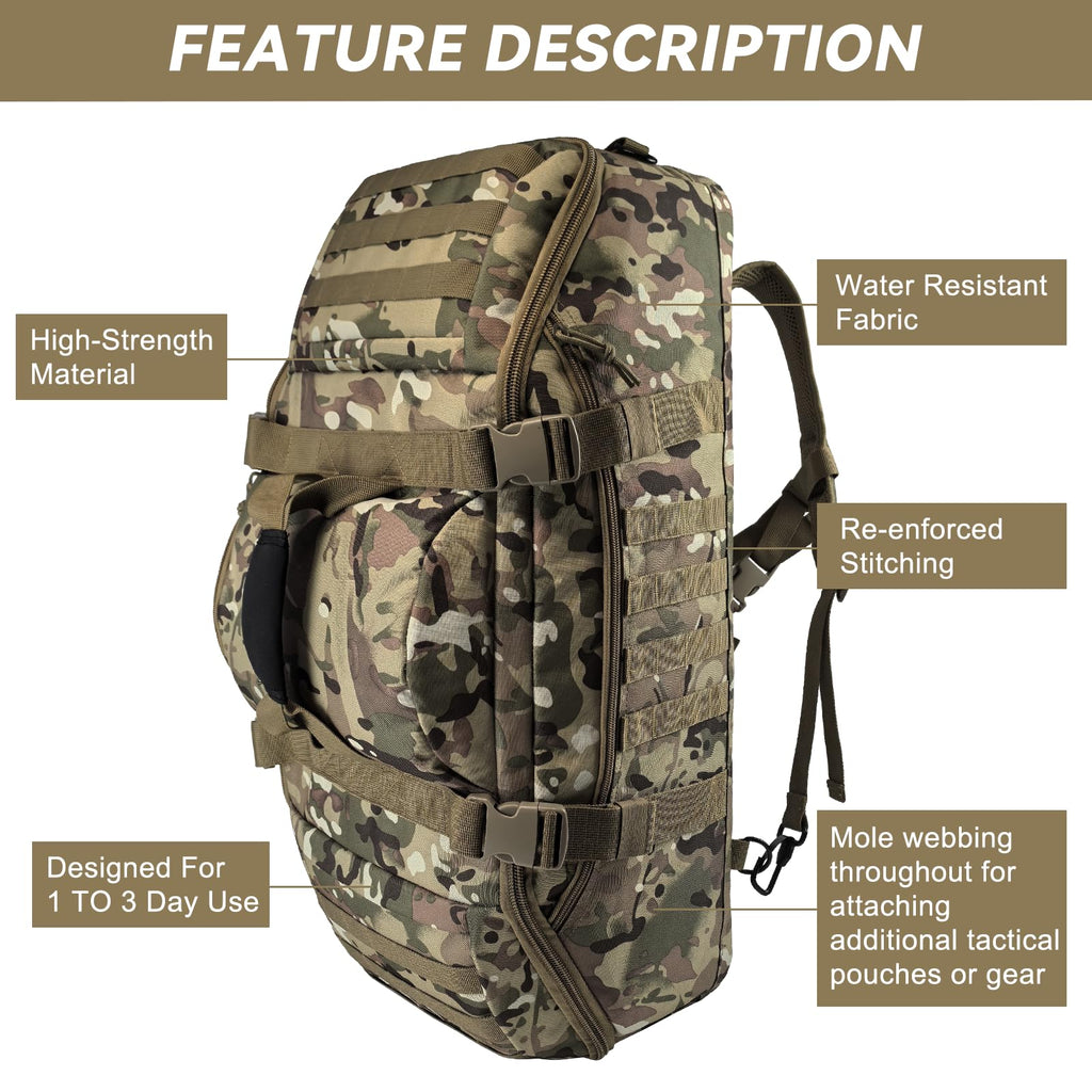 Hannibal Tactical 65L Large Duffle Bag, 3-in-1 Tactical Backpack MOLLE Pack for Sports, Gym, Outdoor, CP