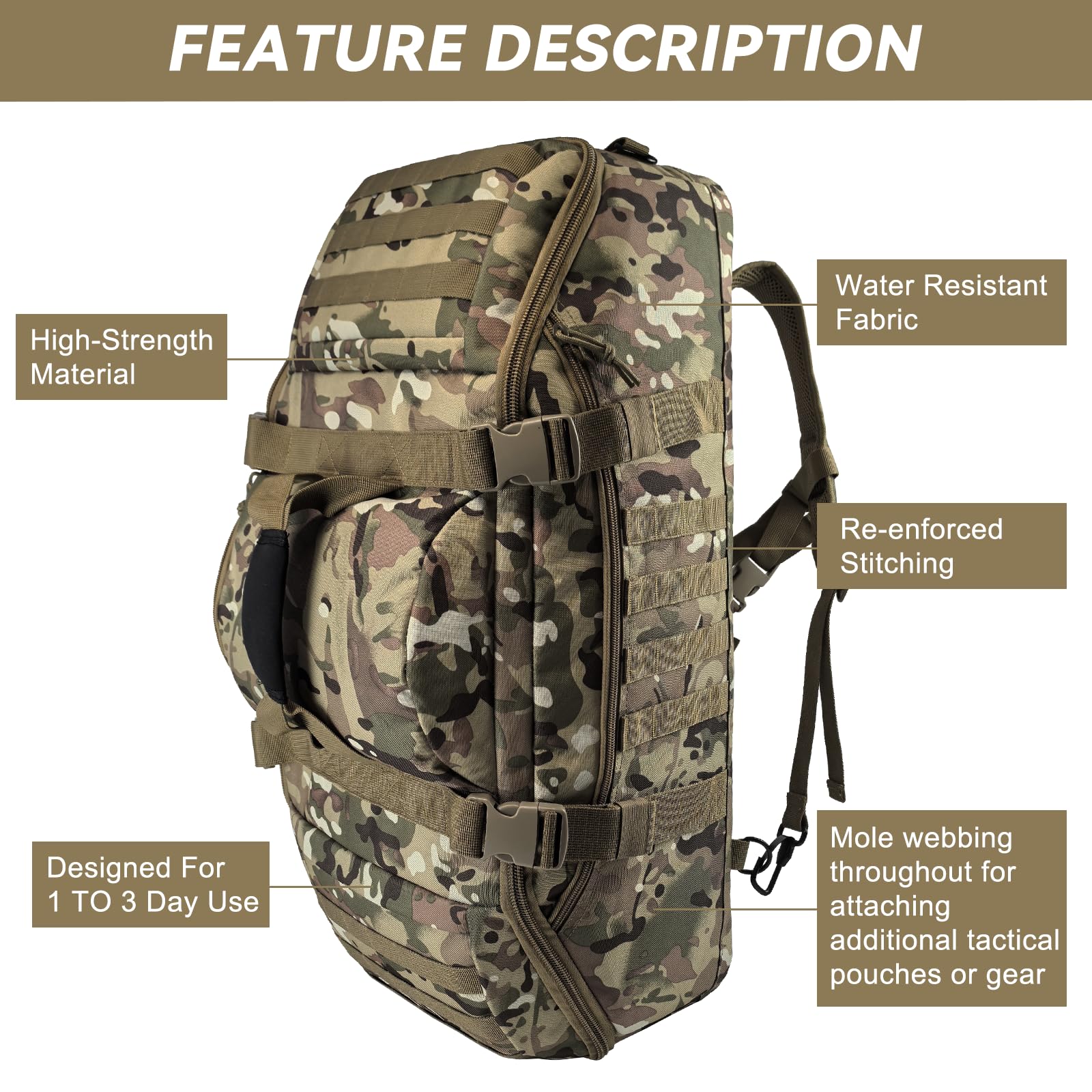 Hannibal Tactical 65L Large Duffle Bag, 3-in-1 Tactical Backpack MOLLE Pack for Sports, Gym, Outdoor, CP
