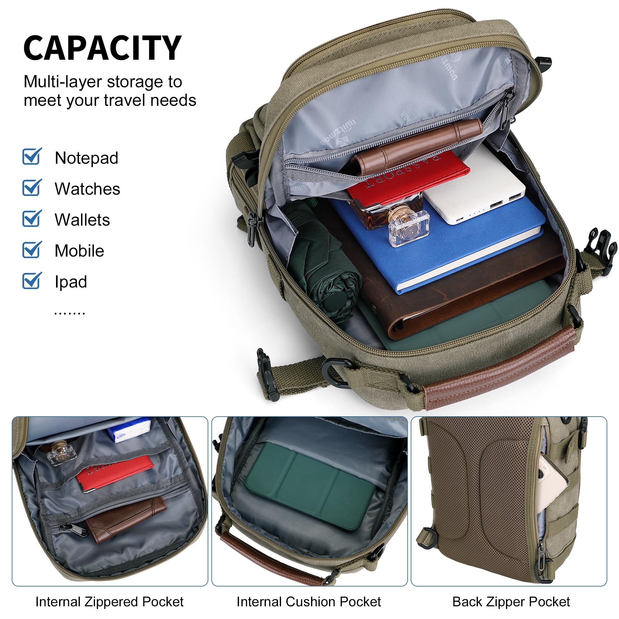 WITZMAN Sling Bag for Men Canvas Shoulder Crossbody Bags Large Vintage Bags for Men Travel, Casual, Daily(A8021 Army Green)