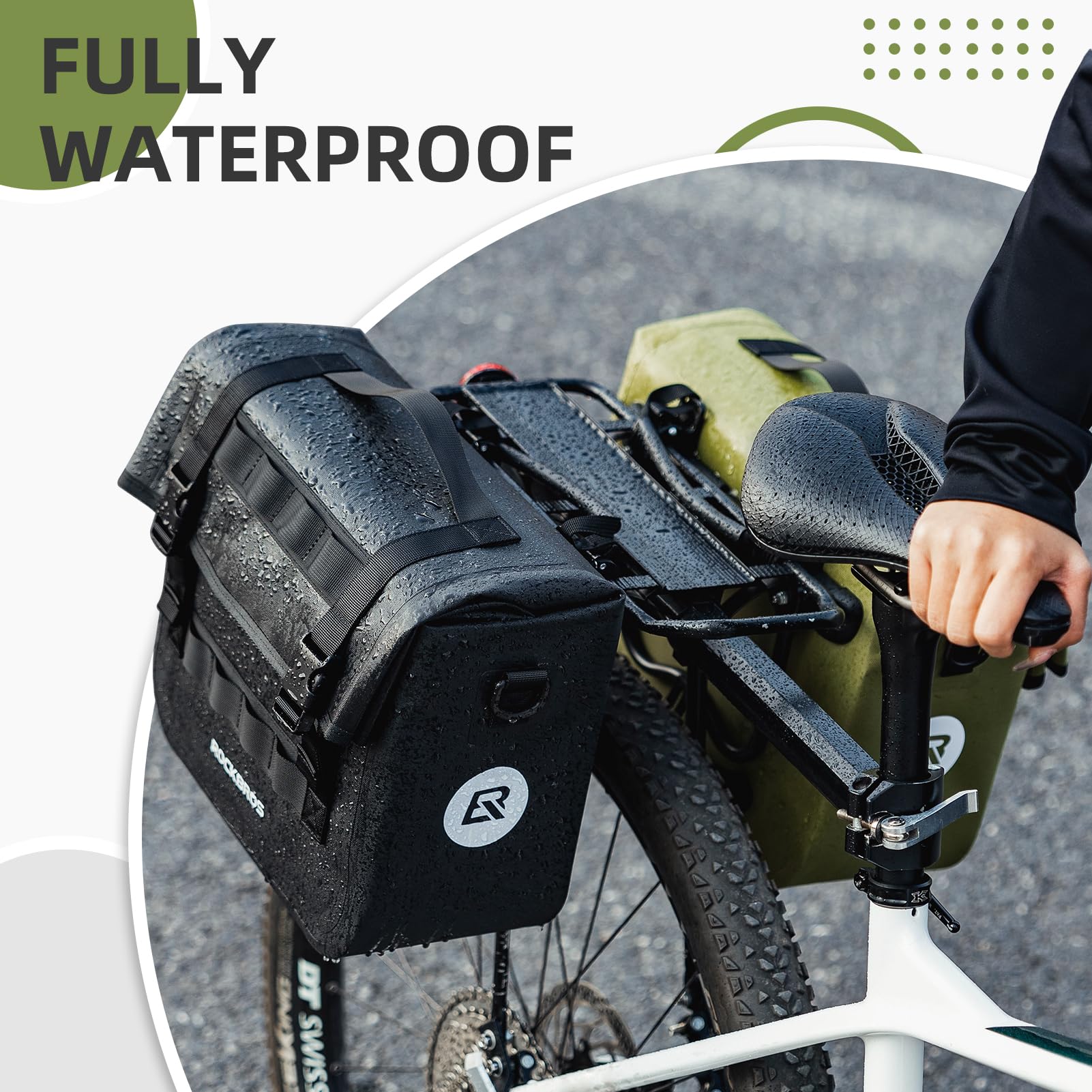 ROCKBROS Bike Panniers 15L Capacity Waterproof Bike Rack Bag Bicycle Panniers for Cycling Commuting Bikepacking Green