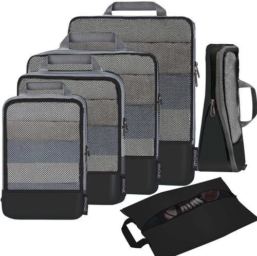 BAGAIL Compression Packing Cubes - Expandable Travel Organizers with Half Mesh Design | 6 Black Sets