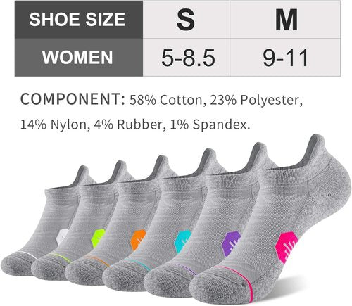FITRELL Women's Cushioned Ankle Running Socks - 6 Pack of Low Cut Athletic Socks