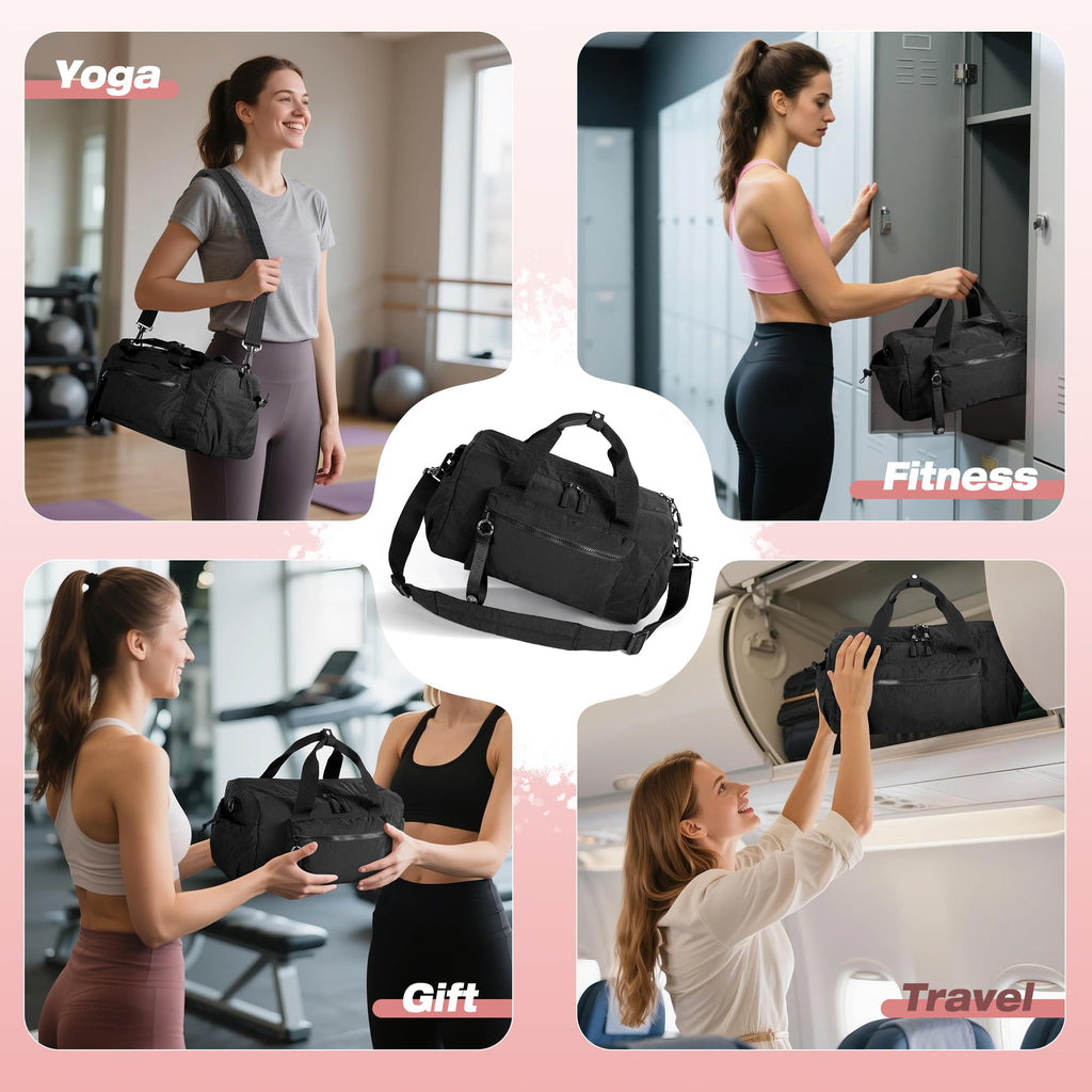 Prokva Small Gym Bag for Women, Mini Duffle Bag with Wet Compartment, 12L Travel Carry on Weekender Bag for Sports, Workout and Fitness, Black