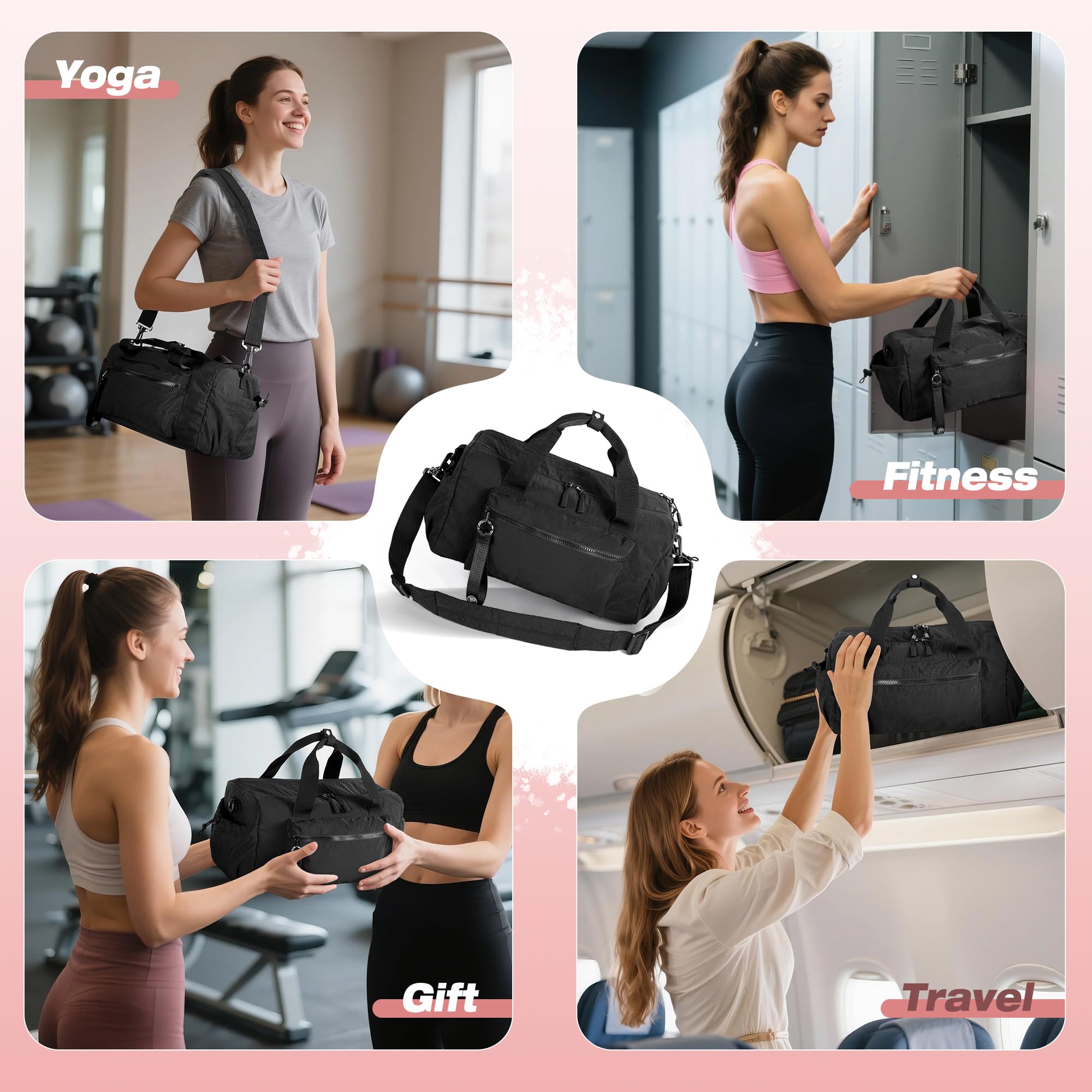 Prokva Small Gym Bag for Women, Mini Duffle Bag with Wet Compartment, 12L Travel Carry on Weekender Bag for Sports, Workout and Fitness, Black