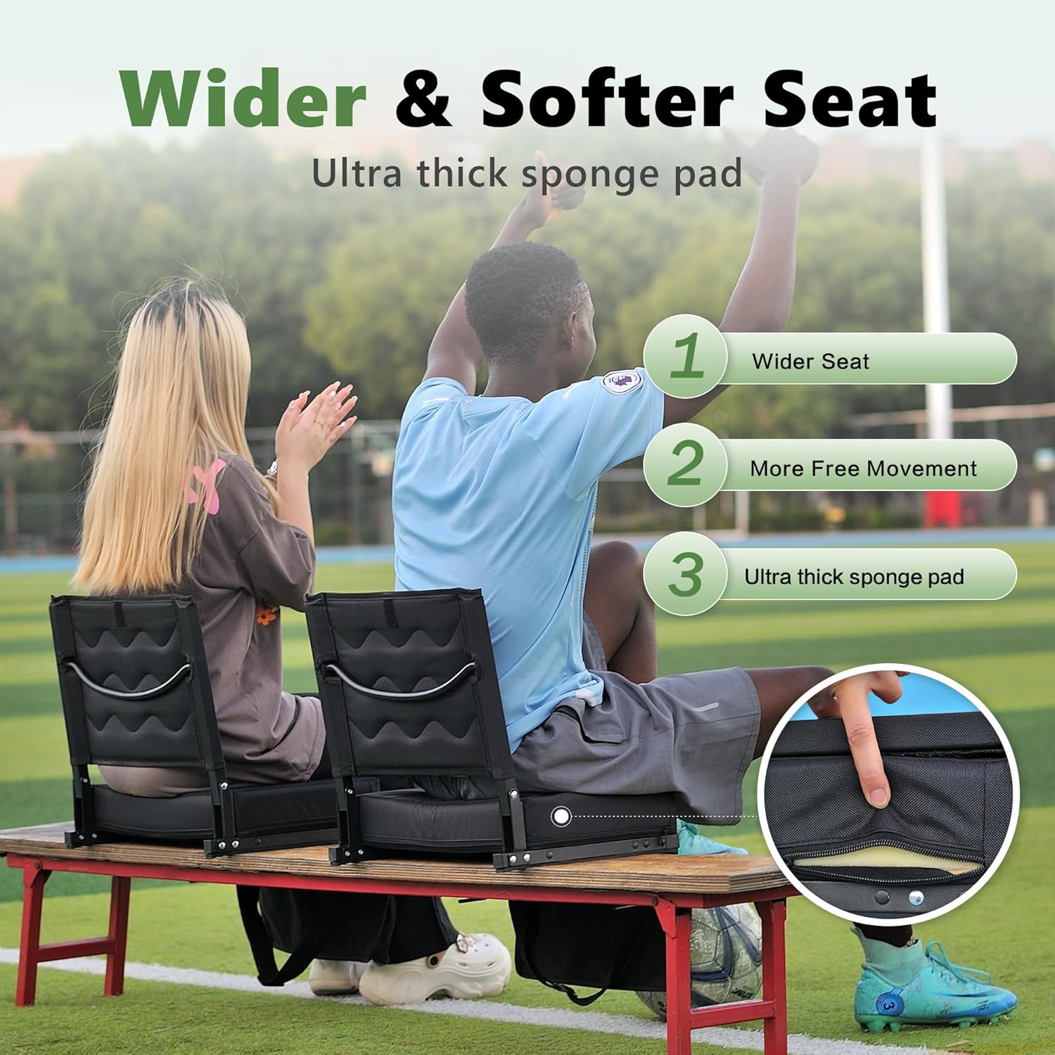 Skiennix Stadium Seats - Portable Bleacher Chairs with Back Support & Thick Padding | Black