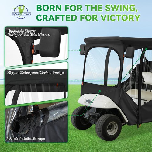Panglong 2 Passengers EZGO Enclosure-600D, Multifunctional Polyester Rain Cover with Openable Front Windshield, 2 Door Zippers, 4 Side Clear Window and Windproof Hooks, Fit EZGO TXT RXV Cart