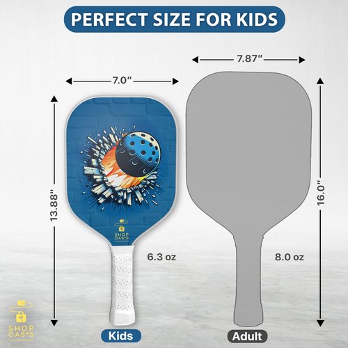 Kids Pickleball Paddles (Set of 2), Child Size Paddles, Lightweight Honeycomb Core, Fiberglass Strike Face, 2 Youth Rackets with 4 Balls and Premium Zipper Bag (Blue)