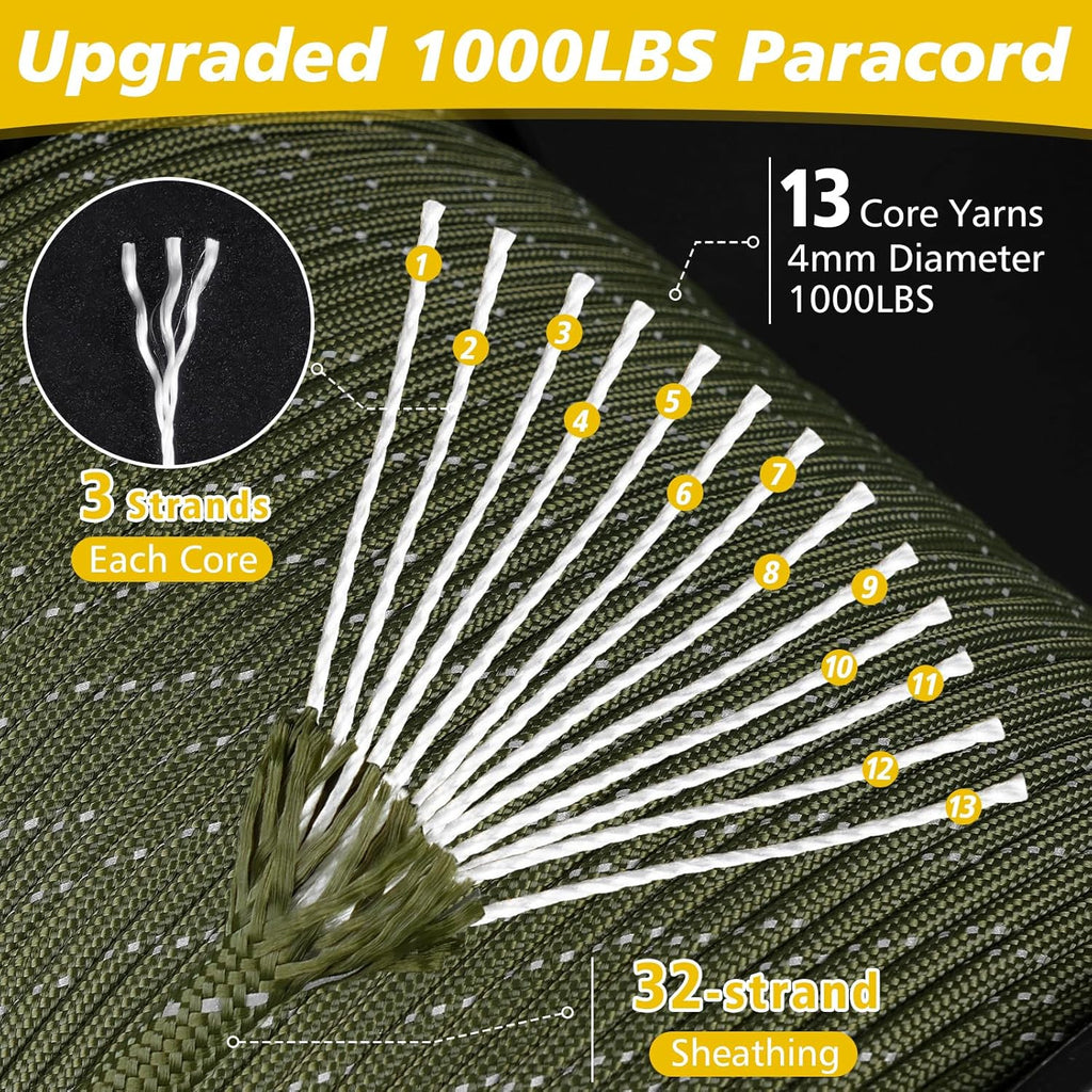 XXBEN Paracord - Reflective 1000lb Survival Rope | 4mm 13 Strand for Camping, Fishing & DIY Crafts - Neon Green