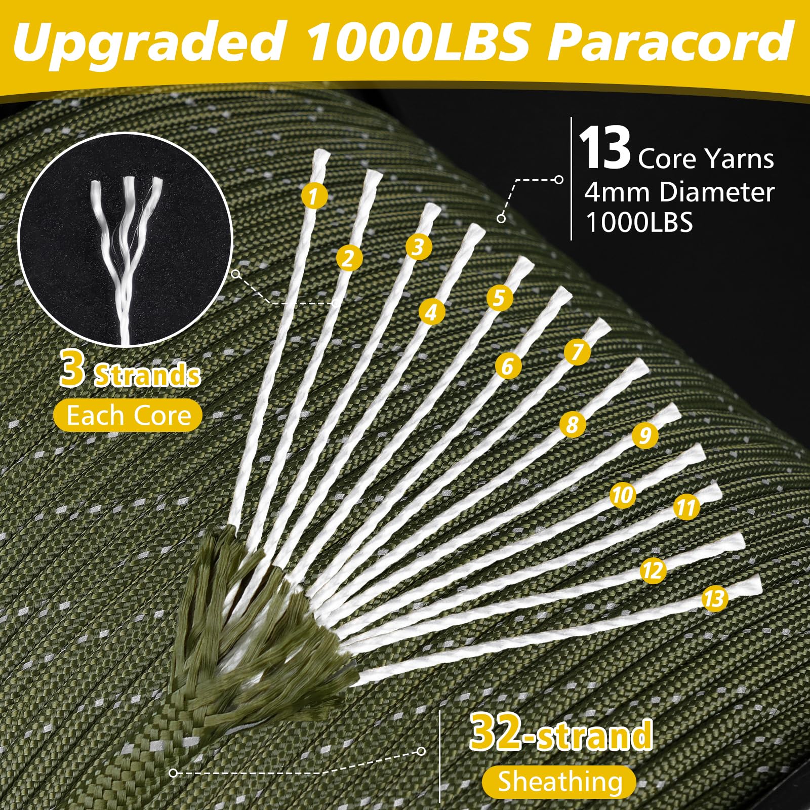 X XBEN Paracord Reflective 1000lb, 50/100/200/500/1000ft 4mm, 13 Strand Parachute Spool Cord, Survival Rope for Camping, Fishing, Hiking, Tent, Clothesline, DIY Crafts & Survival Bracelet, Neon Green