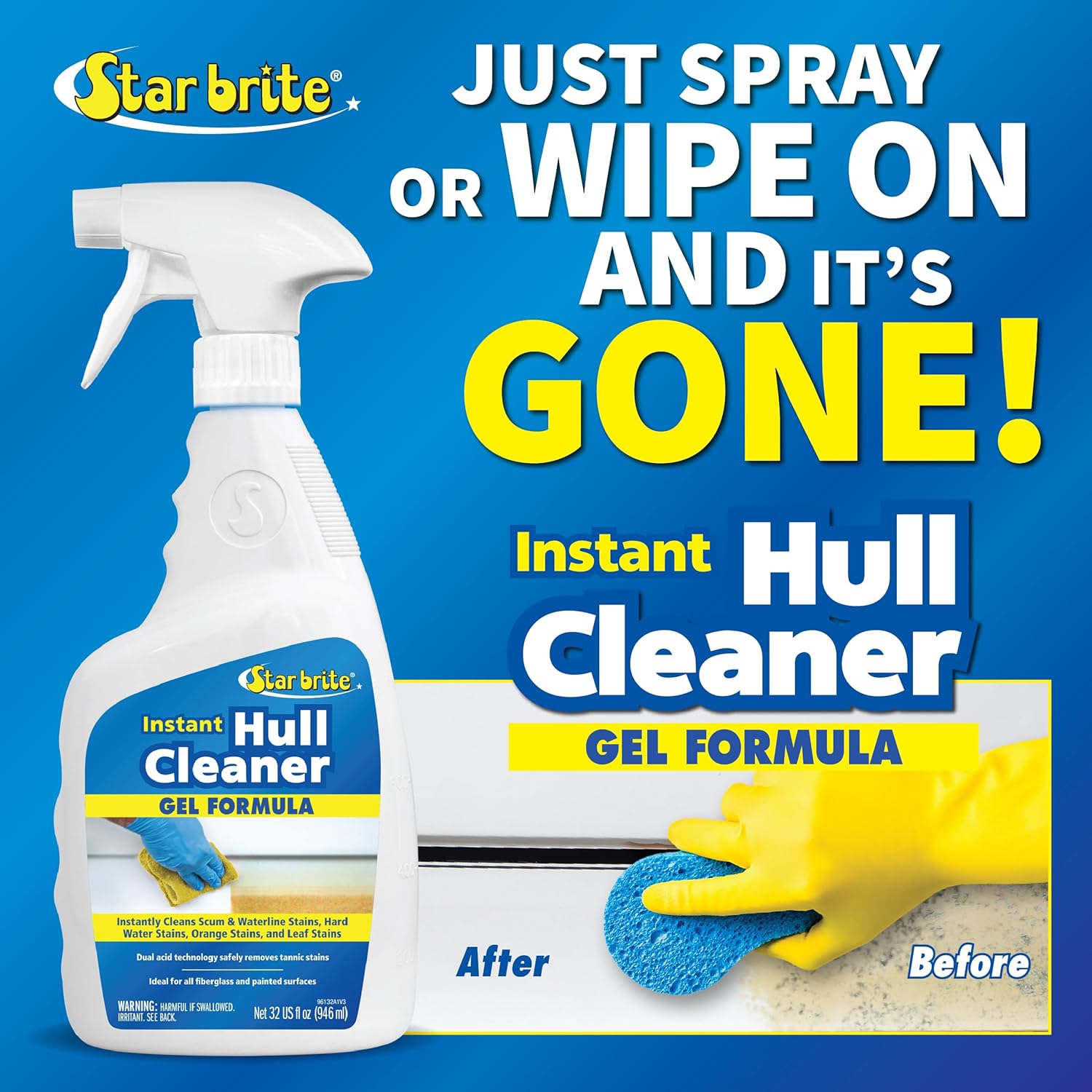 STAR BRITE Instant Hull Cleaner - 32 Oz Gel Spray for Effortless Stain Removal on Boats & Surfaces