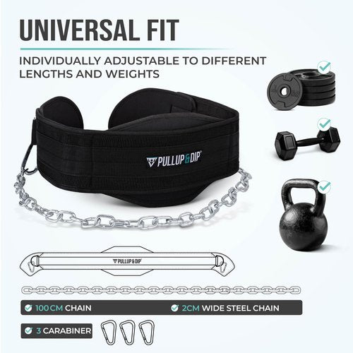 PULLUP & DIP Weightlifting Belt for and additional Strength and Muscle Building, Weight Belt with Steel Chain & 3x Carabiner, Dip Belt for Calisthenics, Weight Training, Training at Home and Bodybuilding