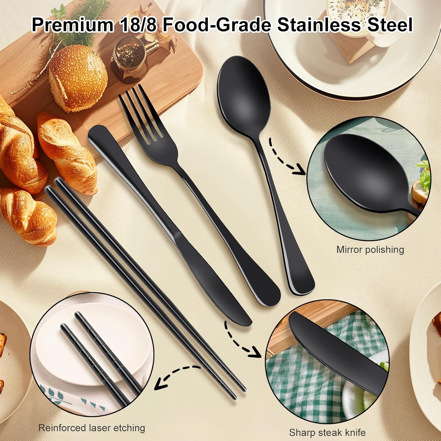 Skiennix Reusable Travel Utensils Set - Premium Stainless Steel Flatware for Camping & Picnics | Dishwasher Safe