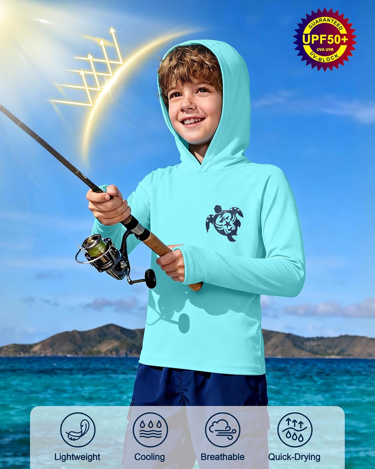 Skiennix Boys Rash Guard Swim Hoodie - UPF 50+ UV Sun Protection Long Sleeve Fishing Shirt | Youth SPF Water Shirt