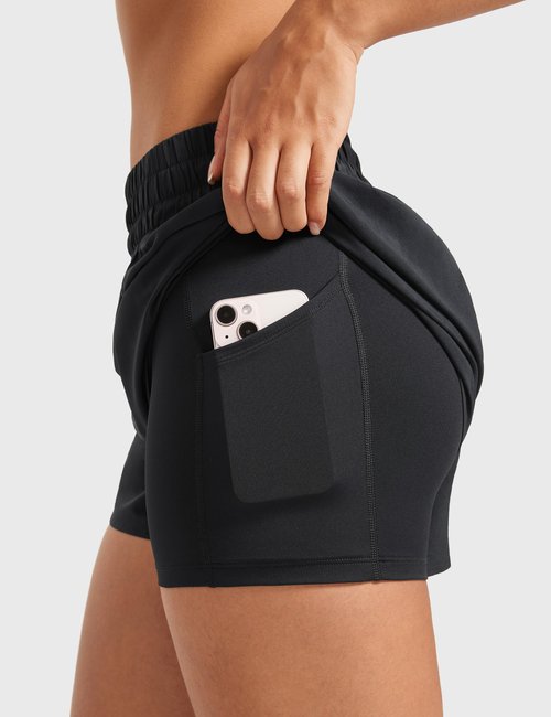 INGIA 2 in 1 High Waisted Running Shorts for Women 3" Quick Dry for Sport Athletic Workout with Zipper Pocket Black Small