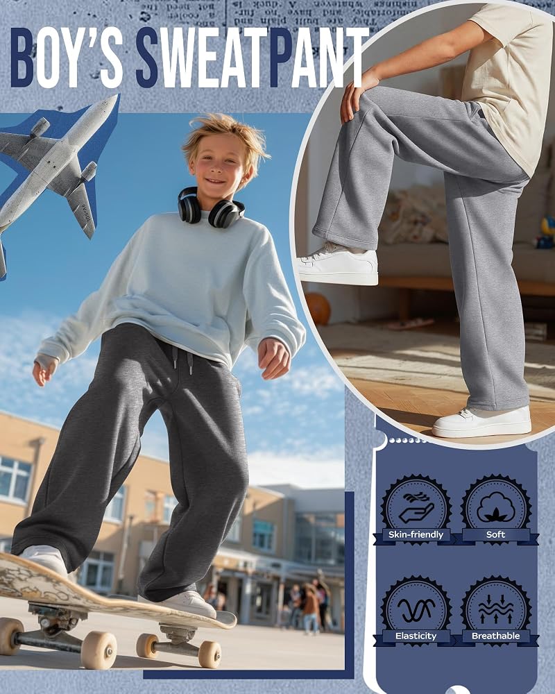 Oakgarden 3-Pack Boys' Baggy Sweatpants – Open-Bottom Youth Joggers in Dark Gray, Light Gray, Black