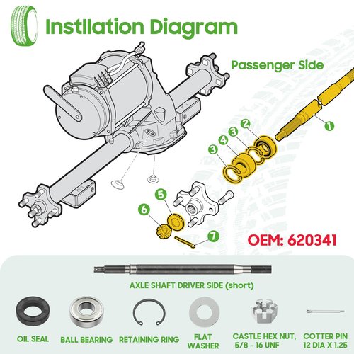 10L0L Golf Cart RXV Passenger Side Rear Spline Axle Shaft with Bearing Seal Kit fit EZGO RXV Electric 2008 UP, OEM# 620341, 614209,16.2" Long