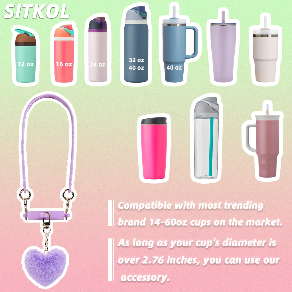 Handle Strap with Heart Charms for Owala & Stanley Cups, for Owala Water Bottle 24oz, 32oz, 40oz, Owala Kids, Pink Owala, stanley 40 oz tumbler with handle, Owala & Stanley Accessories (Purple)