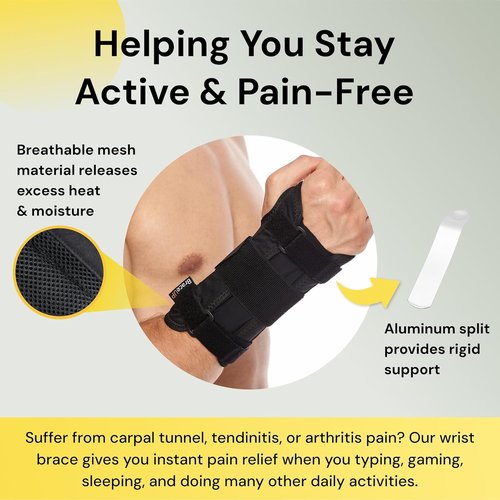 BraceUP Carpal Tunnel Wrist Brace - Metal Splint for Pain Relief & Support | Adjustable Size