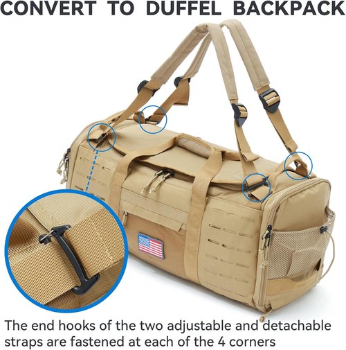 Bagenerous 48L Military Duffle Bag - Tactical Gear Backpack with Shoe Compartment | Khaki