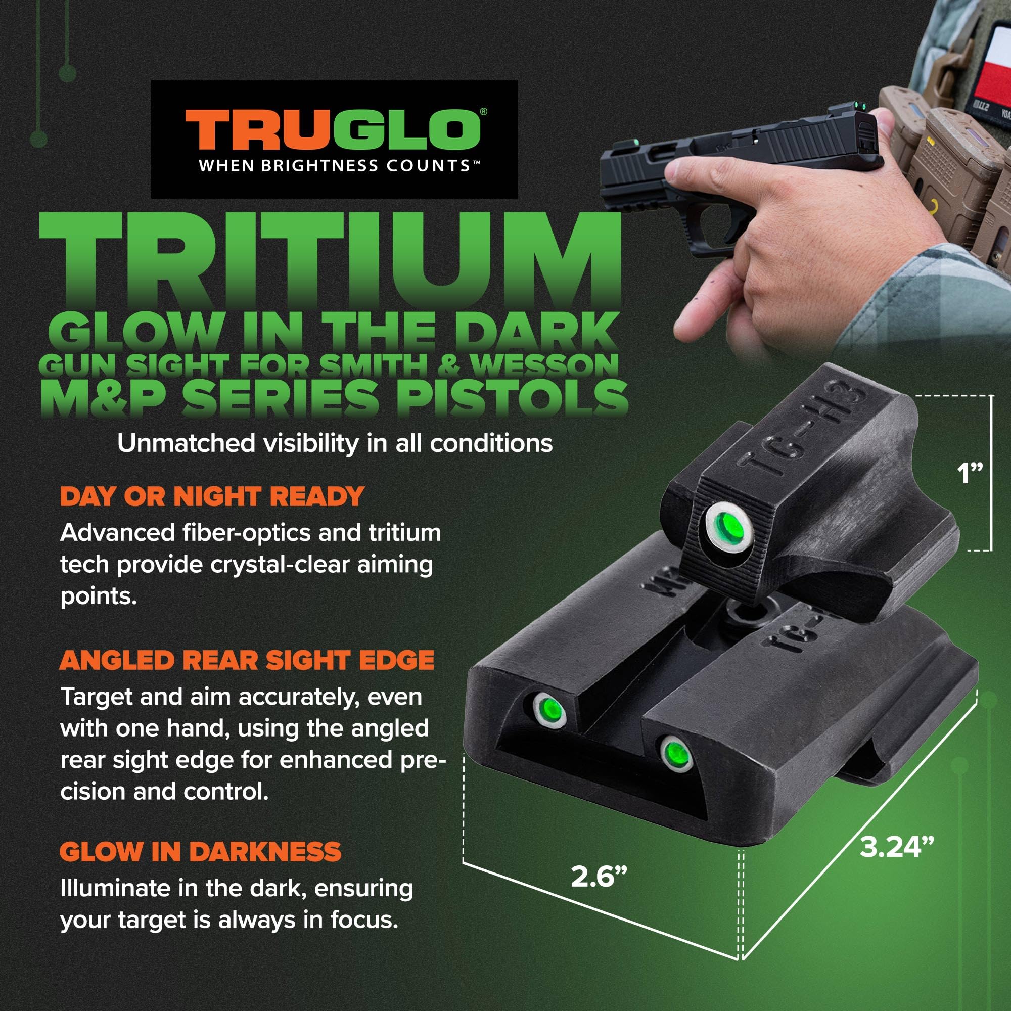 TruGlo Pistol Optic, Glow in the Dark Green/White Dot Sight for Smith & Wesson M&P Series Pistols, Tritium