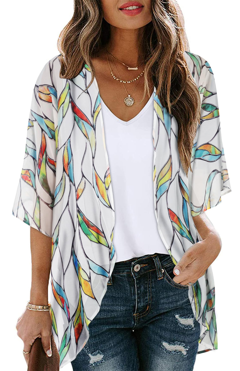Womens Short Cardigans Casual Cover Up Open Front Kimono Tops Bathings Suit Shawl (White Colorful Leaves,M)