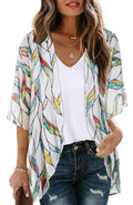 Womens Short Cardigans Casual Cover Up Open Front Kimono Tops Bathings Suit Shawl (White Colorful Leaves,M)