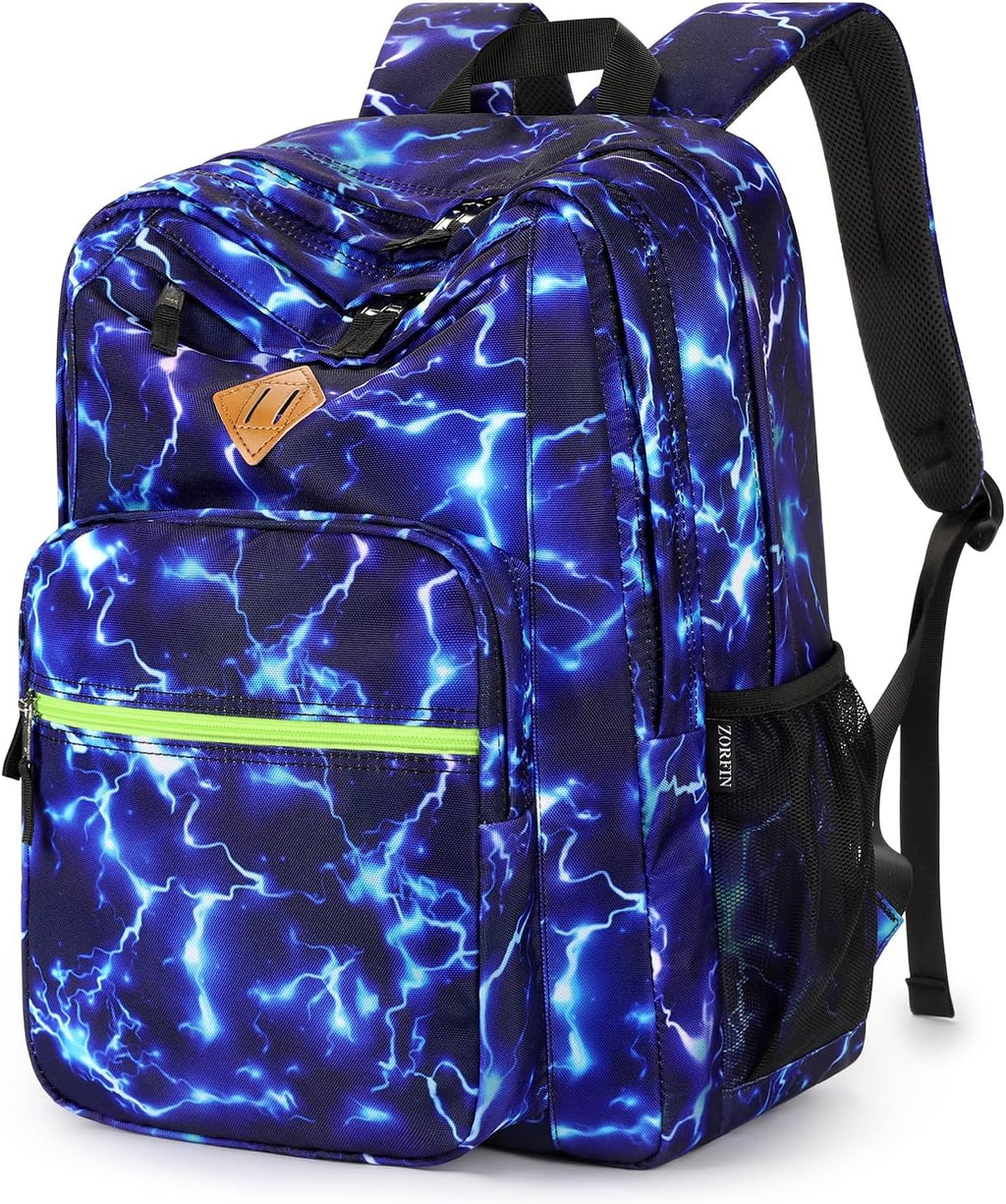 ZORFIN 26L Water Resistant Backpack for College and Travel | Stylish Blue Lightning Design